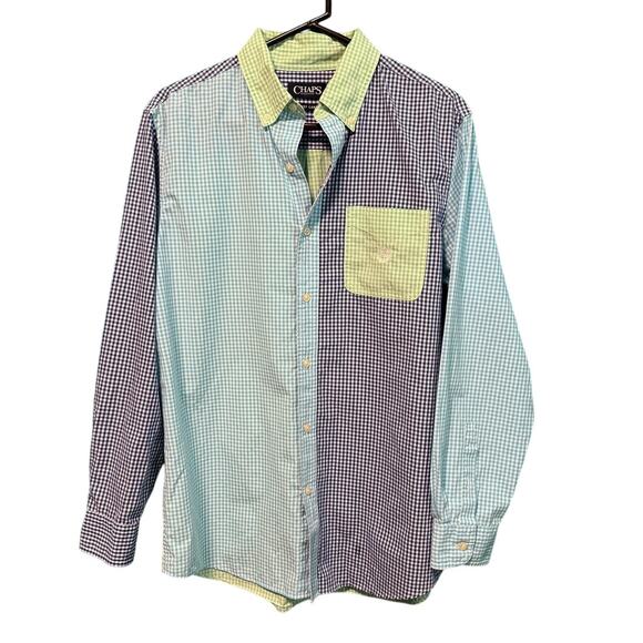 Chaps Easy Care Gingham Blue Lime Green Colorblock Long Sleeve Button Up Men's M - Picture 1 of 10
